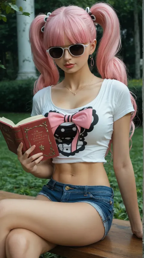 A beautiful young woman inspired by Perona from One Piece, sitting peacefully in a sunny park while reading a book. She wears a stylish modern outfit: high-waisted denim shorts, a white cropped top, and a light, sheer pink button-up shirt left open, flowin...