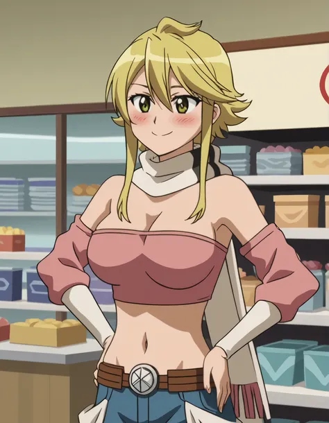 leone without her scarf , bare neck, cute and blushing face, a petite smile on her face anime screencap, large breasts, Pink crop top, with elegant mini skirt, which can show the feminine side but still sporty and stylish. Light blue denim jacket, both han...