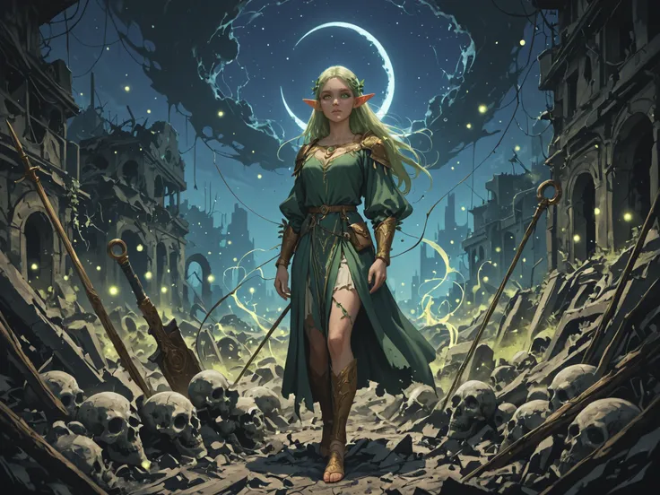 "An elf woman, embarking on a journey through an ancient, abandoned city. The city is in ruins, with broken walls, crumbled buildings, and debris scattered everywhere. The streets are lined with skulls and bones, both animal and human, along with decaying ...