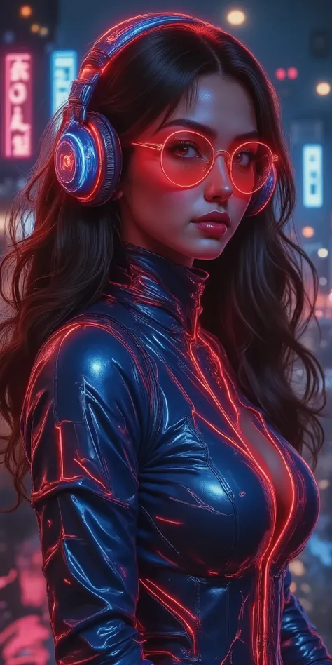 ((( Shoulder-length hair with lights ,neon red glasses combining with the I feel detail the lens of the glasses and a transparent reflective yellow, jumpsuit glued to the shiny indigo blue body , sapatos "Patins" that refer to the 70s but with details of ...