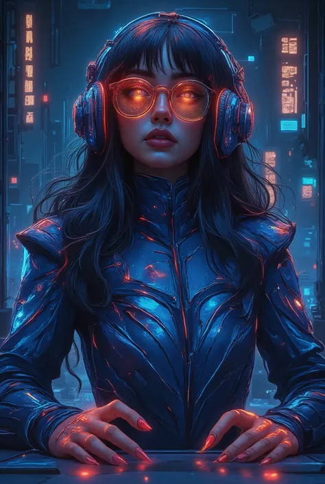 ((( Shoulder-length hair with lights ,neon red glasses combining with the I feel detail the lens of the glasses and a transparent reflective yellow, jumpsuit glued to the shiny indigo blue body , sapatos "Patins" that refer to the 70s but with details of ...