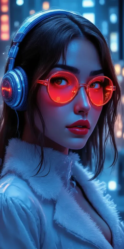 ((( Shoulder-length hair with lights ,neon red glasses combining with the I feel detail the lens of the glasses and a transparent reflective yellow, jumpsuit glued to the shiny indigo blue body , sapatos "Patins" that refer to the 70s but with details of ...