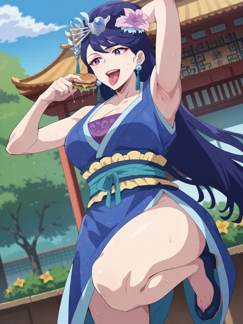 (best quality, masterpiece),Pear Blossom,Every Single Person at the Drugstore,armpits,Sleeveless,long hair, purple eyes, purple hair, flower, earrings, hair flower, lipstick,Chest, jewelry, Chinese clothing, Hanfu,Outdoors,garden,smile,indoor, big breasts...