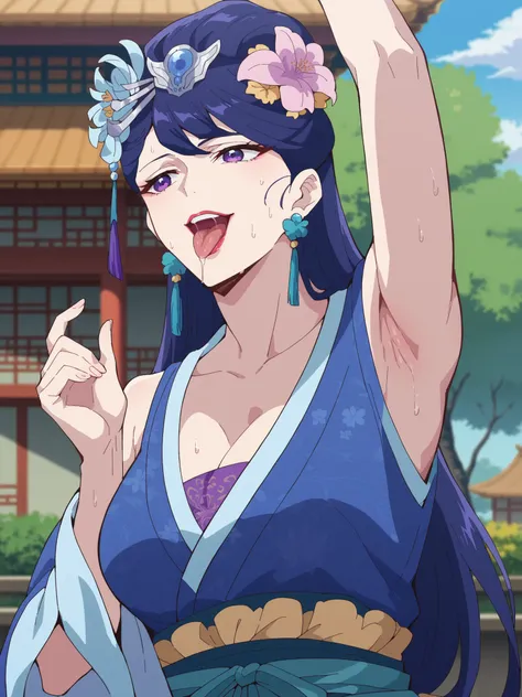 (best quality, masterpiece),Pear Blossom,Every Single Person at the Drugstore,armpits,Sleeveless,long hair, purple eyes, purple hair, flower, earrings, hair flower, lipstick,Chest, jewelry, Chinese clothing, Hanfu,Outdoors,garden,smile,indoor, big breasts...