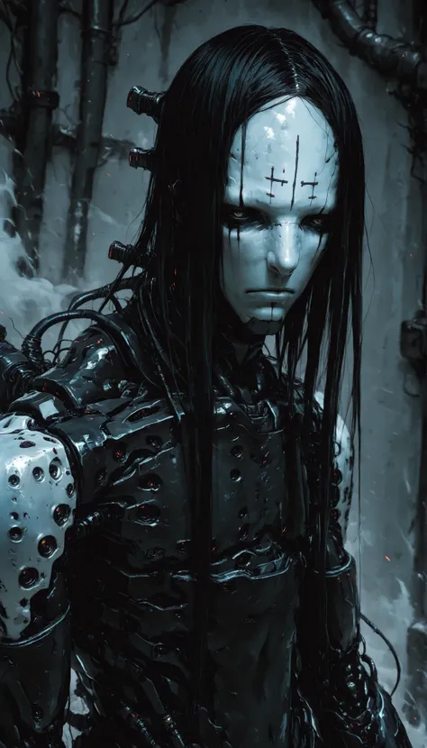 capa negra, a boy,Hair black hair, forehead tattoo ,murderer, cyborg