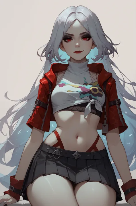 score_9, score_8_up, score_7_up, 1girl, pale skin, goth girl, seductive look, eyeliner, eyeshadow, red eyes, red lips, closed mouth, smirk, silver hair, long hair, straight hair, crop leather jacket, crop top, pleated skirt, black skirt, wide hips, thighs,...