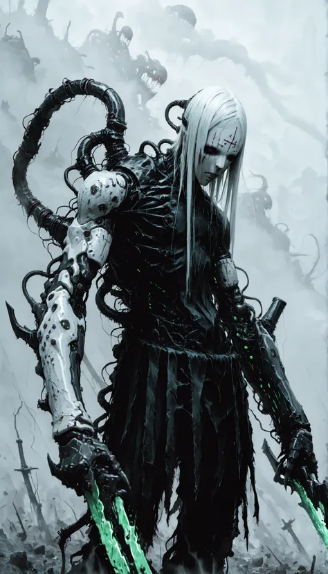 capa negra, white hair,forehead tattoo,murderer, cyborg,fog,Shady,mysterious,terrific,horror,raw,plasma cannon on his right arm,Wait for blue energy,blades in his left hand