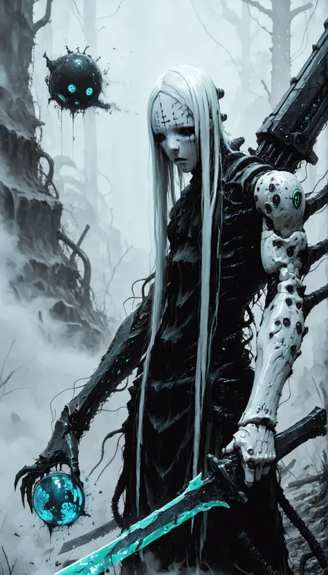 capa negra, white hair, forehead tattoo ,murderer, cyborg,fog,Shady,mysterious,terrific,horror,raw,plasma cannon on his right arm,blue energy sphere,blades in his left hand