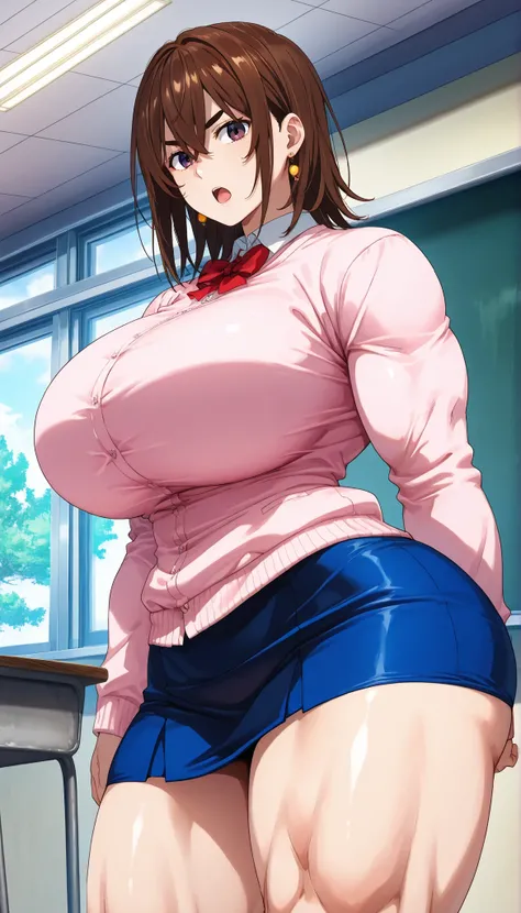 score_9, score_8_up, score_7_up, anime screencap, source_anime, 1girl, solo,
KJOmomo, brown hair, dark eyes, medium hair, hair between eyes, thick eyebrows, earrings,
white collared shirt, oversized pink pullover, long sleeves, red bow, blue short skirt,...