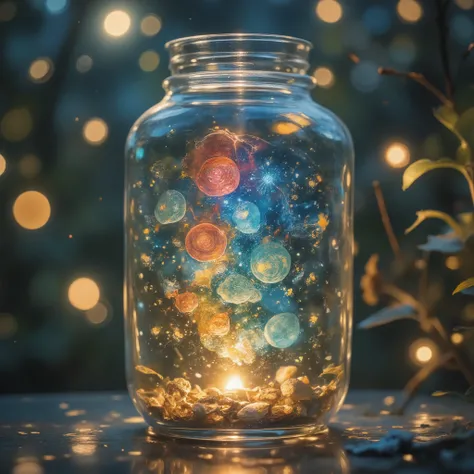 Glass Jar Closeup , The rainbow in the pot , , Colorful clouds, , glass reflection , Curved Surface Distorted , Background starry sky, contrast, depth, magic, Ethereal Light , super detailed, Dark background, is as beautiful as heaven, Macro Photogra...