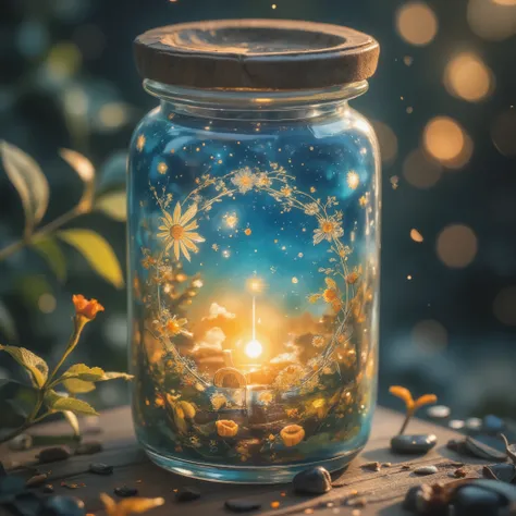 Glass Jar Closeup , The rainbow in the pot , , Colorful clouds, , glass reflection , Curved Surface Distorted , Background starry sky, contrast, depth, magic, Ethereal Light , super detailed, Dark background, is as beautiful as heaven, Macro Photogra...