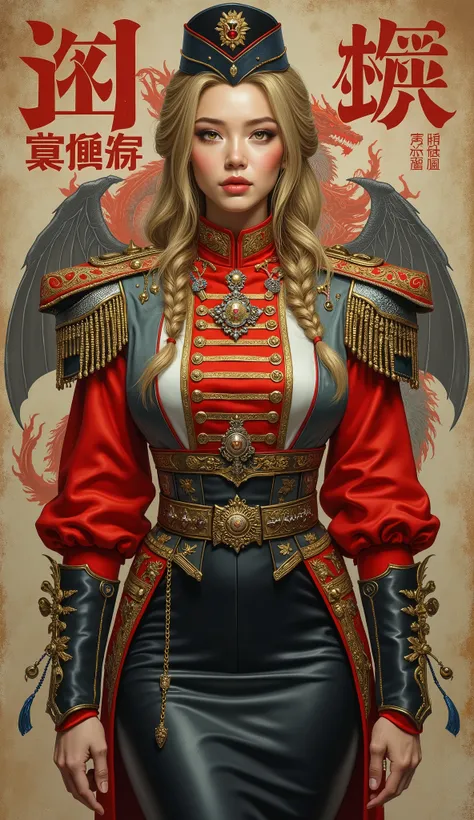 Detailed multi-colored proportions and textures with airbrushed brushstrokes presenting a semi-realistic illustration in Chinese A beautiful and strong young woman wearing an epic fantasy gothic armor style military uniform where grayish black tones predom...