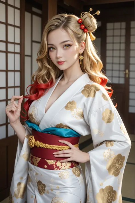 Very thin jaws(A beautiful 30-year-old woman wearing a white kimono with her shoulders sticking out1people)REALISTIC 30 YEAR OLD1people女性正確な顔((The person with gold-dyed hair、golden eyes))Very skinny and skinny1peopleの年配トップモデル体型((Very long golden wavy hair ...