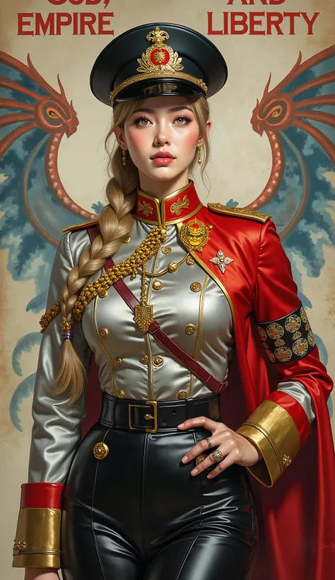 Detailed multi-colored proportions and textures with airbrushed brushstrokes presenting a semi-realistic illustration in Chinese A beautiful and strong young woman wearing an epic fantasy gothic armor style military uniform where grayish black tones predom...
