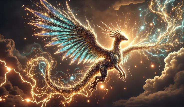 A majestic steampunk chimera soaring through a twilight sky, its mechanical tail adorned with intricate gears and glowing crystals. The chimera's body is a fusion of polished brass and weathered leather, with glowing emerald eyes. The surrounding clouds ar...