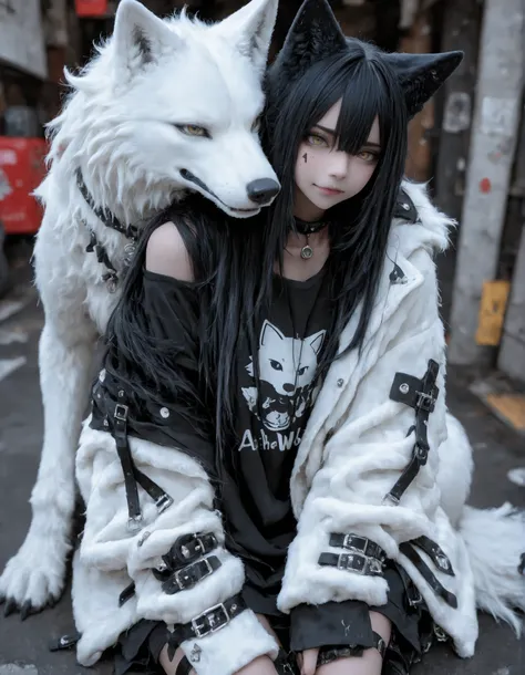capa negra,(A white wolf )left,(a chic)Half,(A black wolf) right