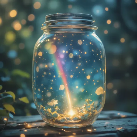 Glass Jar Closeup , The rainbow in the pot , , Colorful clouds, , glass reflection , Curved Surface Distorted , Background starry sky, contrast, depth, magic, Ethereal Light , super detailed, Dark background, is as beautiful as heaven, Macro Photogra...