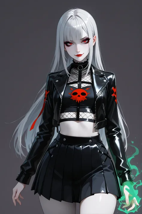 score_9, score_8_up, score_7_up, 1girl, pale skin, goth girl, seductive look, eyeliner, eyeshadow, red eyes, red lips, closed mouth, smirk, silver hair, long hair, straight hair, crop leather jacket, crop top, pleated skirt, black skirt, wide hips, thighs,...