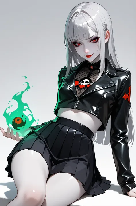 score_9, score_8_up, score_7_up, 1girl, pale skin, goth girl, seductive look, eyeliner, eyeshadow, red eyes, red lips, closed mouth, smirk, silver hair, long hair, straight hair, crop leather jacket, crop top, pleated skirt, black skirt, wide hips, thighs,...