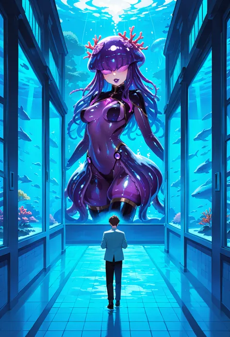 Humanoid jellyfish girl. Transparent body. Slime body. Purple image color. Hiding eyes. Coral reef on head. Sharp rock on head. Purple lips. Biological luminescence. Perky breasts. A glowing core in her chest. Fluttering. Tentacles. Tentacle legs. A mouth ...