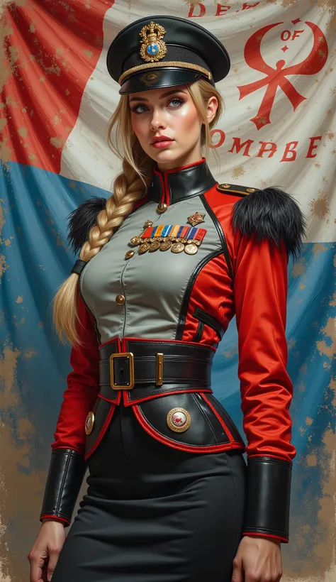 Detailed multi-colored proportions and textures with airbrushed brushstrokes presenting a semi-realistic illustration A beautiful and strong young woman wearing an epic fantasy gothic armor style military uniform where grayish black tones predominate, mixe...
