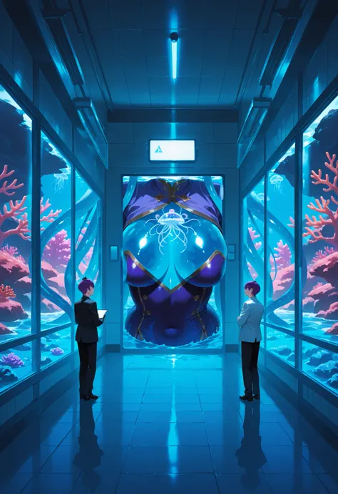 Humanoid jellyfish girl. Transparent body. Slime body. Purple image color. Hiding eyes. Coral reef on head. Sharp rock on head. Purple lips. Biological luminescence. Perky breasts. A glowing core in her chest. Fluttering. Tentacles. Tentacle legs. A mouth ...