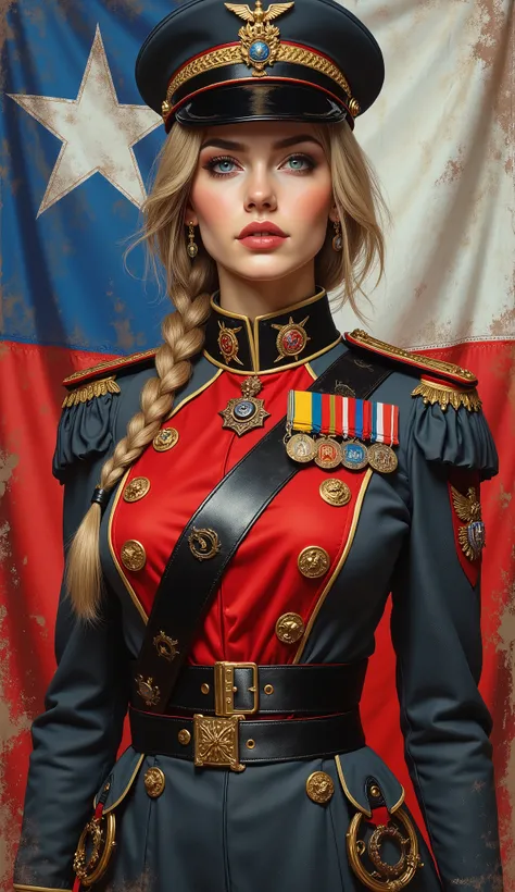 Detailed multi-colored proportions and textures with airbrushed brushstrokes presenting a semi-realistic illustration A beautiful and strong young woman wearing an epic fantasy gothic armor style military uniform where grayish black tones predominate, mixe...