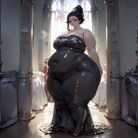  single female, high quality, vampire queen, mature, beautiful model face, red eyes, black hair, hair up, sleek face, tall, taller body, long legs, voluptuous fatty figure, big fat belly,  thick wide love handles, massive fat ass, gained lots of weight, ev...