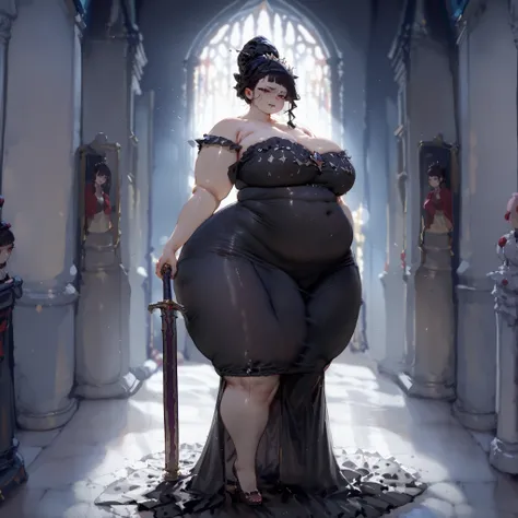  single female, high quality, vampire queen, mature, beautiful model face, red eyes, black hair, hair up, sleek face, tall, taller body, long legs, voluptuous fatty figure, big fat belly,  thick wide love handles, massive fat ass, gained lots of weight, ev...