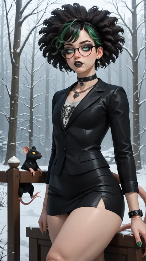 (Tall Twink), (six foot Tall height), (black curly afro with green highlights), (Green streaks in hair), (green eyes), (glowing iris), (black choker), (black leather bracelets), (Viking jewelry), (Black Rose Tattoo on right shoulder), (Silver necklace with...