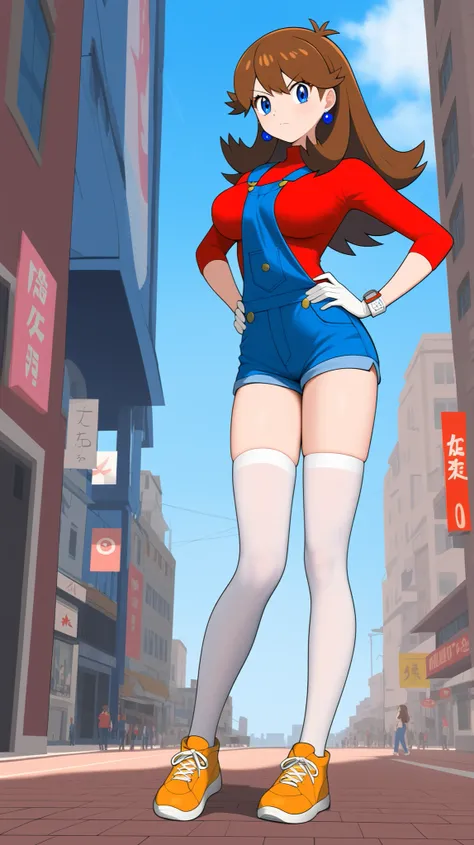((best quality)), ((masterpiece)), ((details)), 1girl, two legs, two arms, orange brown hair color, long hair, blue eyes, Big Breasts, tall, Slim Figure, anime coloring book, angry face, pose where you put your hands on your hips, red long sleeve shirt, b...