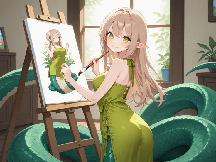 Lamia, light brown hair, pointy ears, hazel green eyes, holding a painter brush, cheeky, smile, beautiful, green scales, painter dress