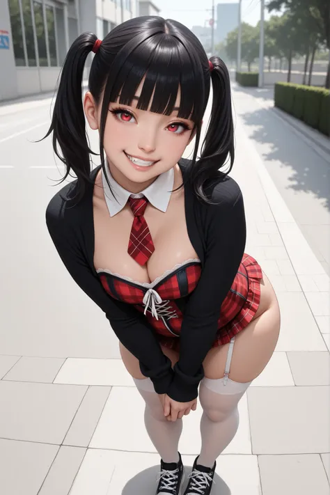 masterpiece, very awa, best quality, amazing quality, very aesthetic, absurdres, newest, intricate details, realistic, outdoors, school campus, 1girl, side glance, coquettish, head tilt, perfect face, chubby face, eyelashes, crimson eyes, mischievous, wick...