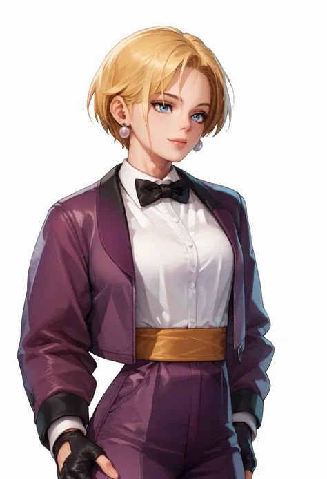 king aof, blue eyes, short hair, blonde hair, earrings, purple suit jacket, bowtie, collared shirt, fingerless gloves, high-waist pants, long sleeves, muscular female, bar background
