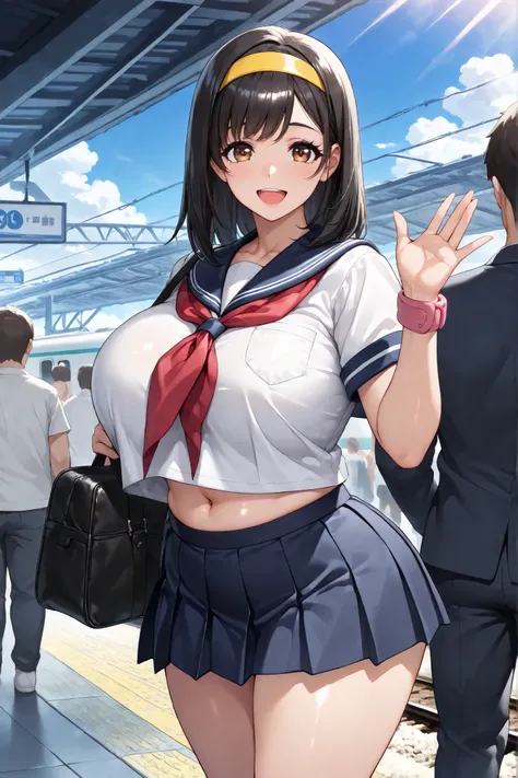 ((masterpiece:1.4, best quality)), ((masterpiece, best quality)),1girl,bishoujo,age girl,,medium hair,straight hair,black hair,asymmetry bangs,left swept bangs,long sideburns,brown eyes,tareme,beautiful eyes,(long eyelashes),Curvy,Plump,bbw,huge breasts,hu...