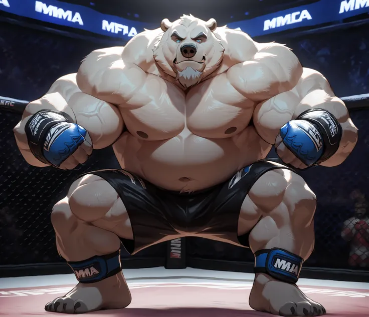 huge muscular polar bear in MMA UFC Tournament, big hulking brute, grunting smirk, polar bear, huge white fur, thick arm, huge arm, added thick colored gray mustache and beard, short white hair, (veiny muscular, broad pectoral, wide pectoral, thick arms th...