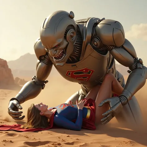 Melissa Benoist as Supergirl, Supergirl is attacked by a big robot, she is fighting and defeated, her legs are wide spread, she push its chest out, she is unbreathable with painful face, A big robot is strangling, its hip is between her legs, whole body f...