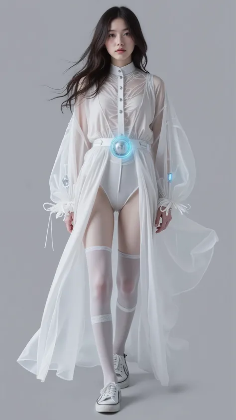 near future、企業や研究機関でintellectualな仕事に従事する女性のための服装コーディネート。 keywords 「intellectual」「Sophistication」「 biotechnology 」「neutral color」。finish that brings out the transparency of the skin、is light gray、color for collar and cuffs、beige、sustainable material、pale bl...