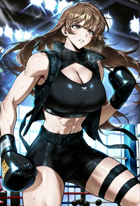 masterpiece, best quality, amazing quality, very aesthetic, absurdres, newest, scenery, 1girl, solo, huge breasts, serious, parted lips, long hair, brown hair, brown eyes, bangs, sports bra,
Sleeveless jacket, open jacket, cleavage cutout, black gloves, b...