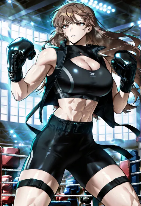 masterpiece, best quality, amazing quality, very aesthetic, absurdres, newest, scenery, 1girl, solo, huge breasts, serious, parted lips, long hair, brown hair, brown eyes, bangs, sports bra,
Sleeveless jacket, open jacket, cleavage cutout, black gloves, b...