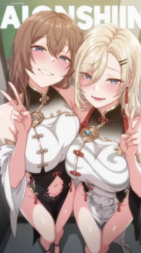 masterpiece, best quality, amazing quality, 2 girls, kurashiki reigns, long hair, blue eyes, blonde hair,  smile, narrowed eyes, parted lips, looking at viewer, naughty face, chisa, alone, chisa_IlXL,Brown Hair,  seductive body, sensual, ( Shenhe costume),...