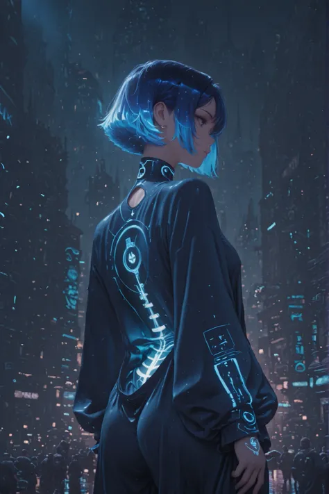 masterpiece, High quality,8K, double exposure, dim light,1girl,3035 years,, the clothes of the future ,incredible clothes,short hair,blue neon hair,City of the Future