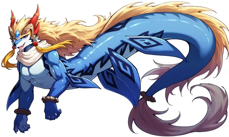 Shaorune, 1boy, solo, detailed eyes, detailed eyes, bewitching smile, looking at viwer, open mouth, heavy weight massive, wide pectral, long body, long tail, fins, no legs, glossy skin, full body, white background