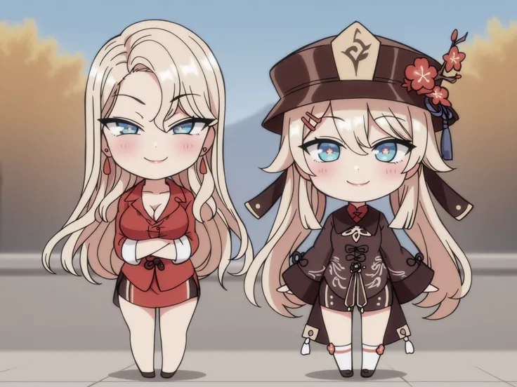 2 girls, Kurashiki Reika, Kurashiki Reina high quality, masterpiece, Very detailed, high quality, high resolution, A girl, solo, blonde hair, blue eyes, beautiful, beautiful and perfect face, Lustful smile, View your audience, (Hu Tao outfit) , ( genshin i...