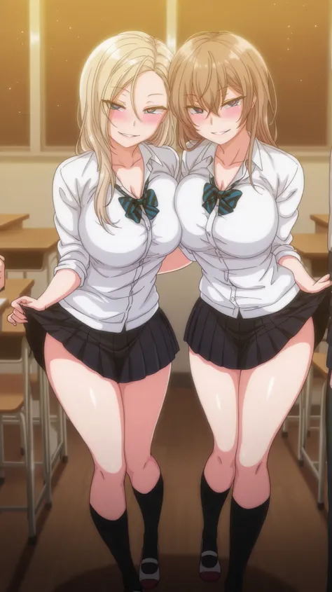 2 girls, kurashiki reigns, long hair, asymmetrical hair, large breasts, blue eyes, blonde hair, smile, narrowed eyes, parted lips, looking at viewer, naughty face, chisa, alone, chisa_IlXL,Brown Hair, slight smile, contrast, looking at viewer, seductive sm...