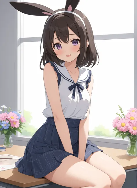 panties、roll up the skirt、M-shaped leg opening、widen your crotch、panties、M-shaped leg opening、widen your crotch、panties、embarrassed expression、gym sitting、I can see cute-patterned panties、An anime girl wears rabbit ears、Sitting on a desk with flowers, beau...