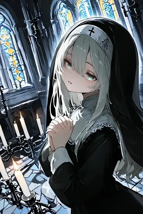 illustration, best quality, 1girl, silver-haired nun,bright cyan eyes, wearing a dark nun outfit with veil, praying with hands clasped, solemn expression, dimly lit church dedicated to demon worship, isometric view, no windows or stained glass, only light ...