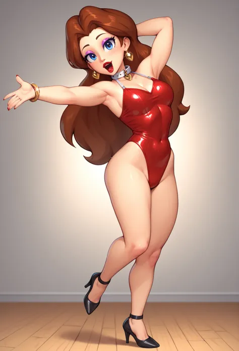 Cute Pauline wearing a sparkling shiny red leotard, black Mary Jane strap tap heels,,performing on stage, black mix with brown hair, eyes are centered,, while standing and tap dancing cute on a small wood board tap dancing, red bow with a white collar on h...