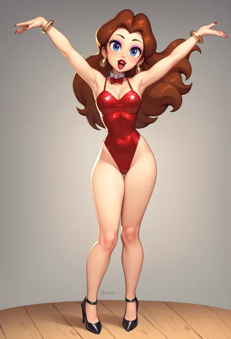 Cute Pauline wearing a sparkling shiny red leotard, black Mary Jane strap tap heels,,performing on stage, black mix with brown hair, eyes are centered,, while standing and tap dancing cute on a small wood board tap dancing, red bow with a white collar on h...