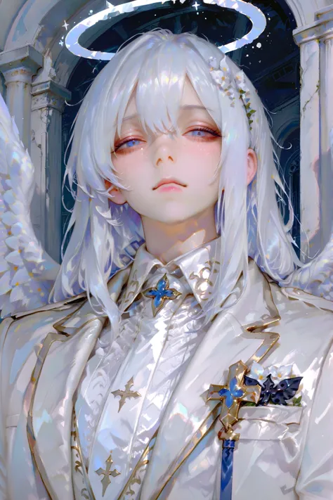 masterpiece, best quality, Detailed Eyes, boy, fantasy, blue eye, long white hair, semi realistic, 8k, white suit, white angel wings, white halo, solo charactor, tired face, emotionless face, looking at viewer